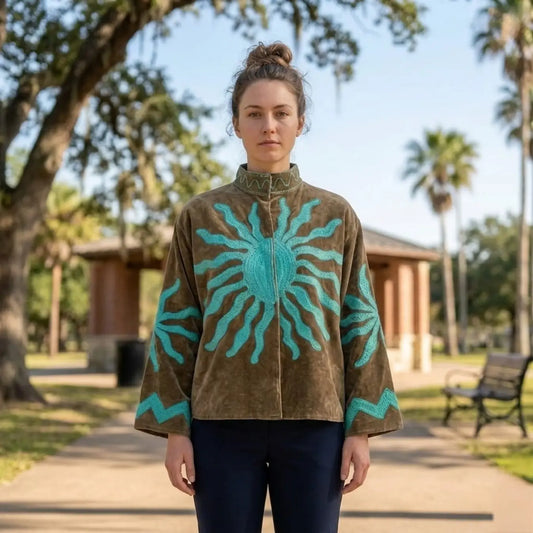 Boho Velvet Suzani Jacket Hand Embroidered | Open Front Coat Winter Wear Free Size Robe | Retro Chic smoking jacket — Blazer Gift for Her
