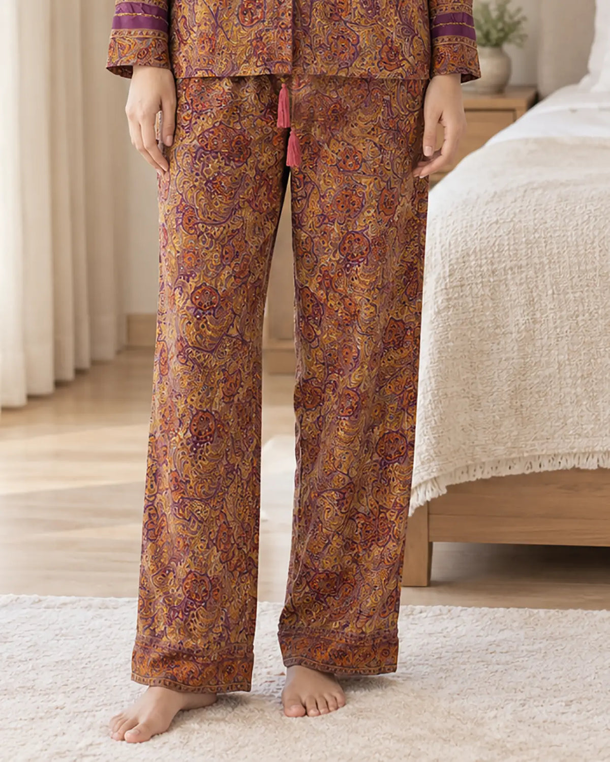 Boho Silk Sari Pajama Set, Colorful Handmade Loungewear for Women with Pockets, Short Sleeve Button Down Top, Drawstring Pants, Gift