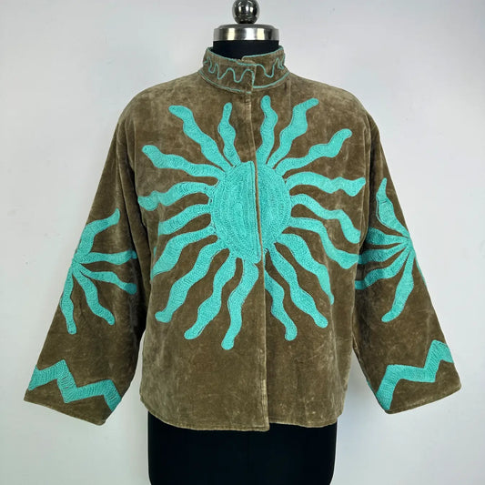 Boho Velvet Suzani Jacket Hand Embroidered | Open Front Coat Winter Wear Free Size Robe | Retro Chic smoking jacket — Blazer Gift for Her