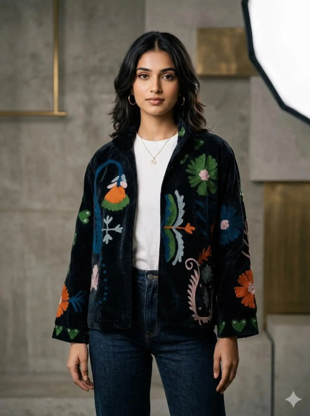 Women's Suzani embroidered Velvet Jacket in black floral