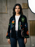 Women's Suzani embroidered Velvet Jacket in black floral