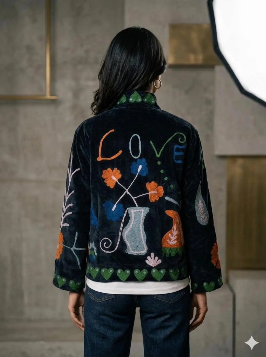 Women's Suzani embroidered Velvet Jacket in black floral