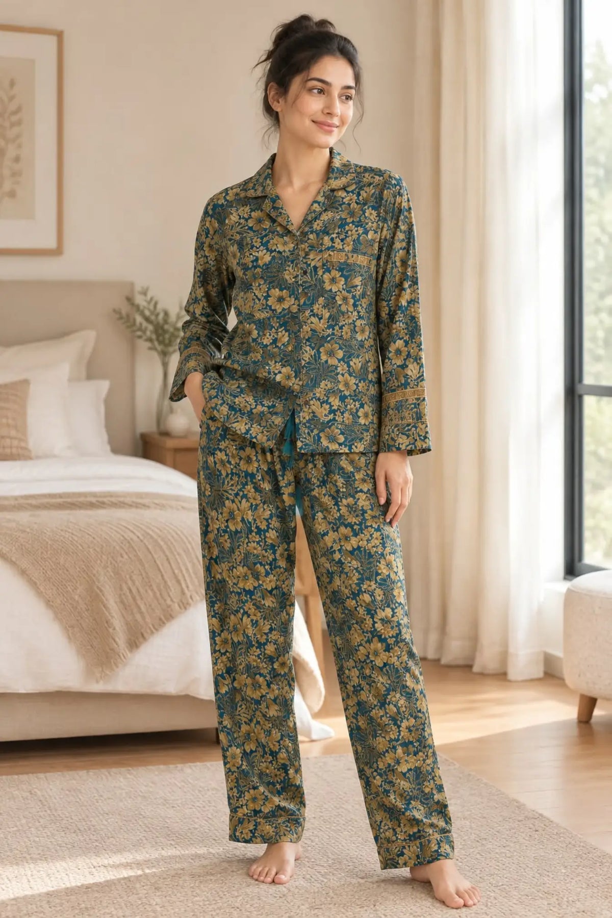 Handmade Recycled Sari Pajama Set, Boho Women's Clothing, Silk Blend Loungewear, Button Down Top, Drawstring Pants, Gift for Her