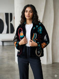 Women's Suzani embroidered Velvet Jacket in black floral