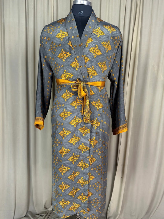 Silky Soft Men’s Kimono Robe | Masculine Elegant Classic Sustainable Vintage House Robe gift, Timeless Comfy Lounge Beach Wear Gray Floral