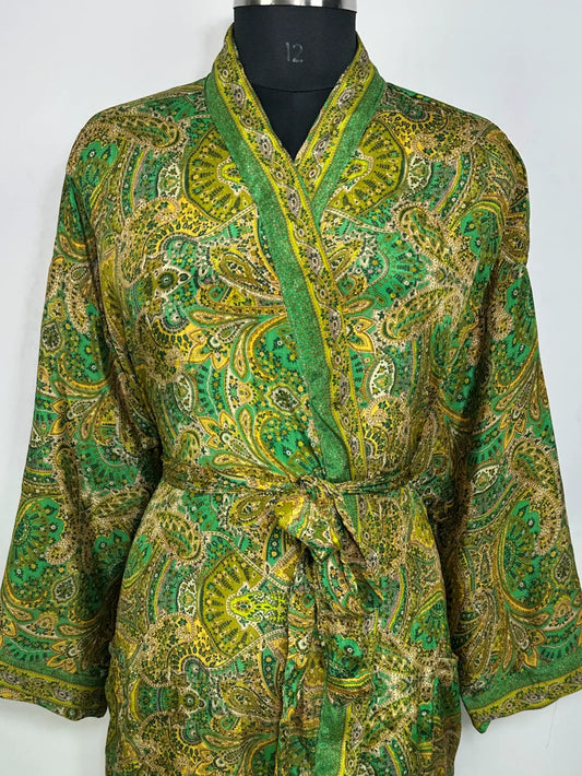 Recycle Silk Sari Women Kimono | Boho Chic Robe House | Beach Cover Up Vintage Bridesmaid Lounge Dressing Gown l Resort Wear Gypsy Nightwear