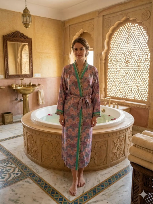 Recycle Silk Sari Women Kimono | Boho Chic Beach Cover Up Vintage Lounge Dressing Robe l Resort Wear Regal Gypsy House Robe | Blue Floral