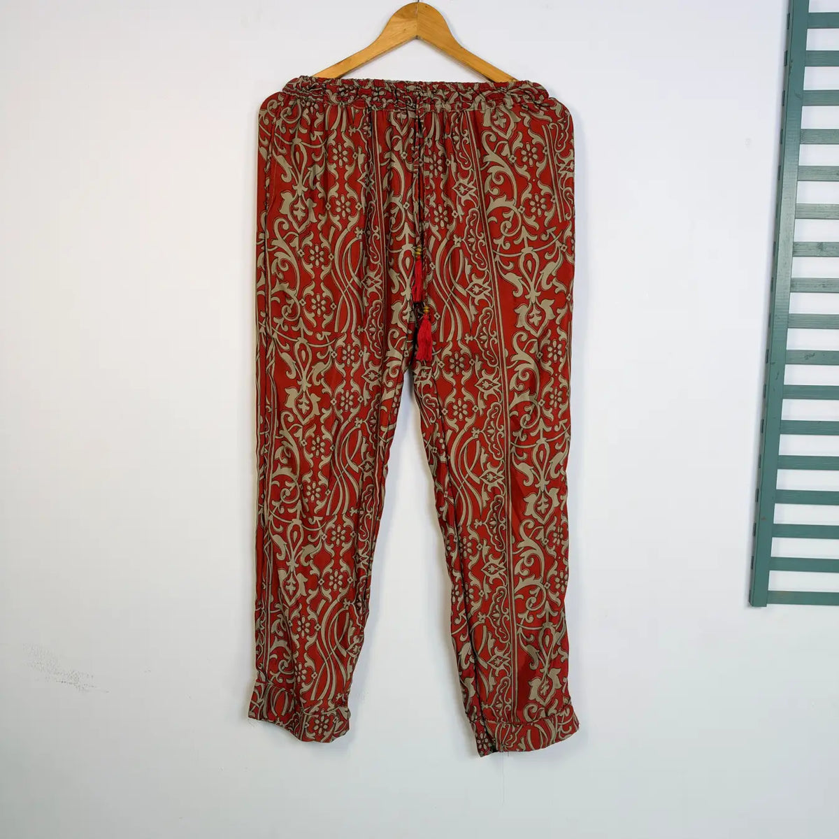 Women's Recycled Silk Sari Pajama Set, Handmade Family Pajamas, Colorful Sleepwear, Short Sleeve Top, Drawstring Pants, Holiday Gift for Mom