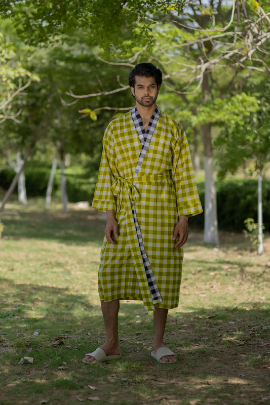 Pure Cotton Boho Men Kimono Robe | Geometric Luxury Dressing Gown Summer Loungewear, Breathable Unisex Bathrobe Relaxed Fit Beach Outfit