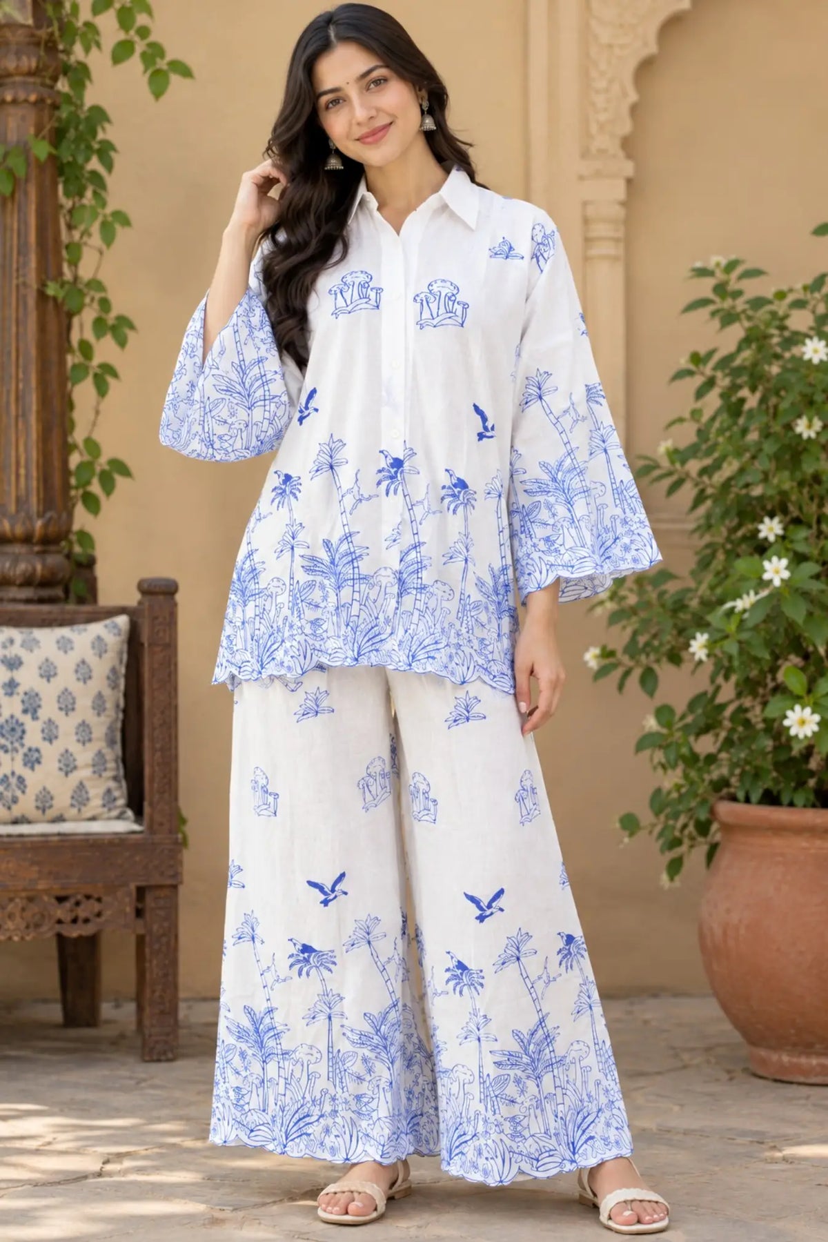 Women's Pyjama Set, Embroidered White Linen Co Ord Set, Blue Floral Wide Leg Pants, Minimalist Boho Loungewear, Gift for Her