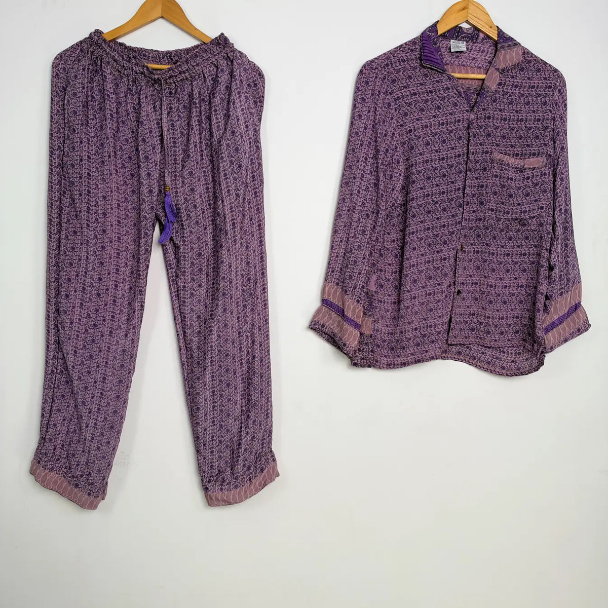 Women's Recycled Silk Sari Pajama Set, Handmade Family Pajamas, Colorful Sleepwear, Short Sleeve Top, Drawstring Pants, Holiday Gift for Mom
