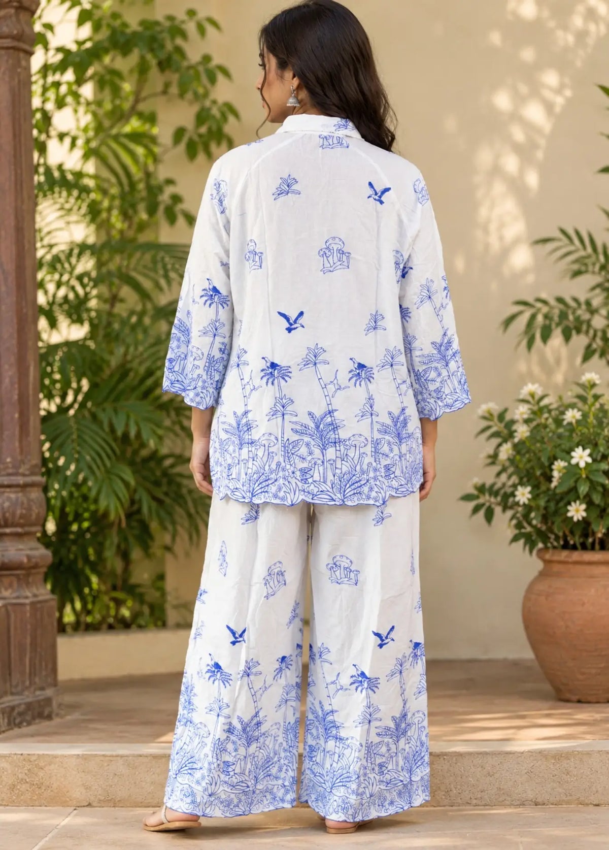 Women's Pyjama Set, Embroidered White Linen Co Ord Set, Blue Floral Wide Leg Pants, Minimalist Boho Loungewear, Gift for Her