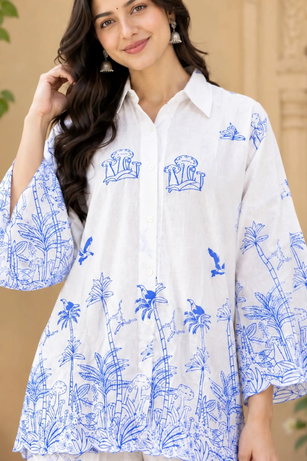 Women's Pyjama Set, Embroidered White Linen Co Ord Set, Blue Floral Wide Leg Pants, Minimalist Boho Loungewear, Gift for Her