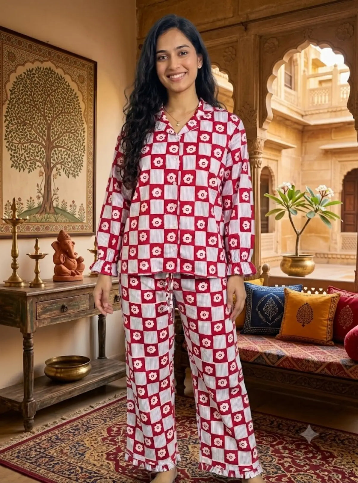 100% Cotton Pyjama Set for Women, Floral PJs, Handblock Print Sleepwear, Button Down Top and Matching Trousers