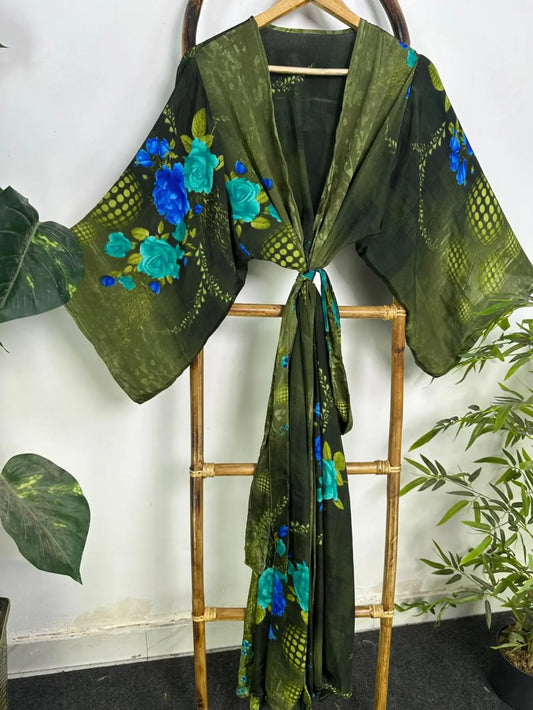 Upcycle Boho Silk Long Women kimono, Boho Chic Robe House Beach Cover Up Vintage Bridesmaid Lounge Dressing Gown Resort Wear Gypsy Nightwear