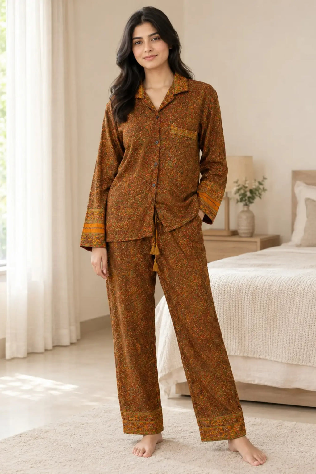 Recycled Sari Silk Blend Nightsuit, Short Sleeve Pajama Set with Side Pockets, Handmade Boho Sleepwear, Relaxed Fit, Gift for Her