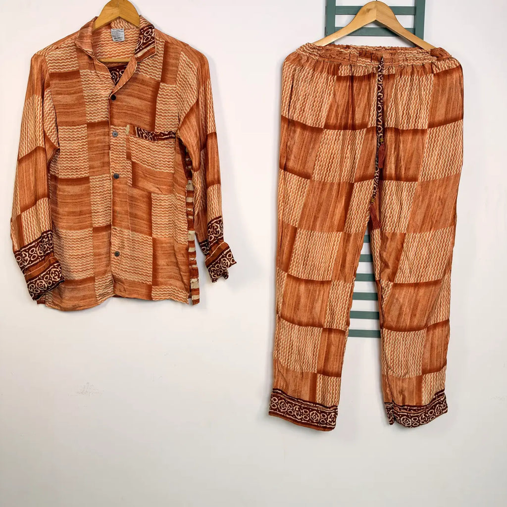 Recycled Silk Sari Pajama Set, Handmade Silk Blend Sleepwear with Pockets, Button Down Top, Drawstring Pants, Boho Gift for Her