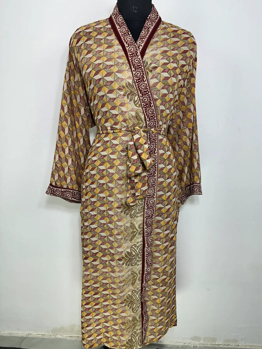 Recycle Silk Sari Women Kimono | Boho Chic Robe House | Beach Cover Up Vintage Bridesmaid Lounge Dressing Gown l Resort Wear Gypsy Nightwear