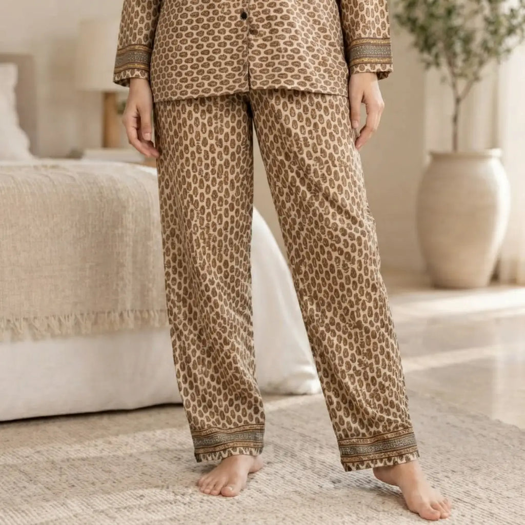 Recycled Sari Silk Blend Nightsuit, Short Sleeve Pajama Set with Side Pockets, Handmade Boho Sleepwear, Relaxed Fit, Gift for Her