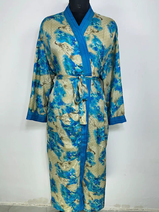 Recycle Silk Sari Women Kimono | Boho Chic Robe House | Beach Cover Up Vintage Bridesmaid Lounge Dressing Gown l Resort Wear Gypsy Nightwear
