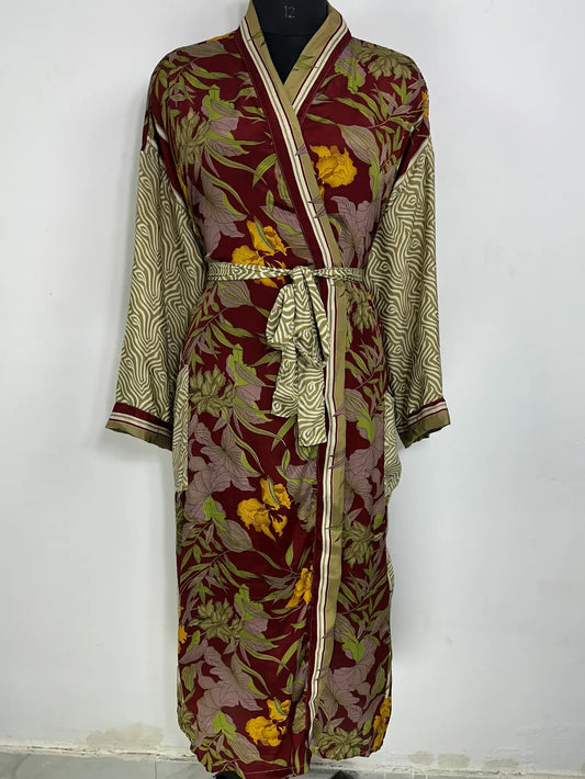 Recycle Silk Sari Women Kimono | Boho Chic Robe House | Beach Cover Up Vintage Bridesmaid Lounge Dressing Gown l Resort Wear Gypsy Nightwear