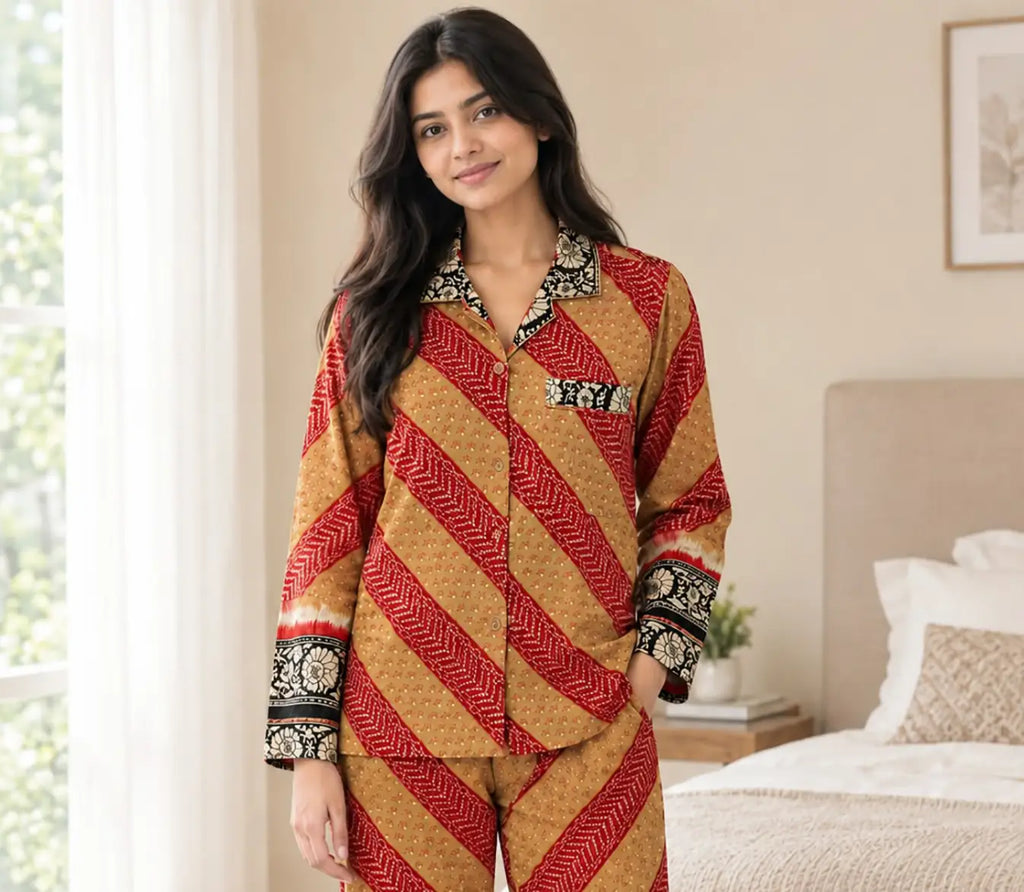 Silky Nightwear Pajama Set, Recycled Sari Silk Blend Luxury Lounge Set, Button Down Top, Drawstring Pants with Side Pockets, Gift