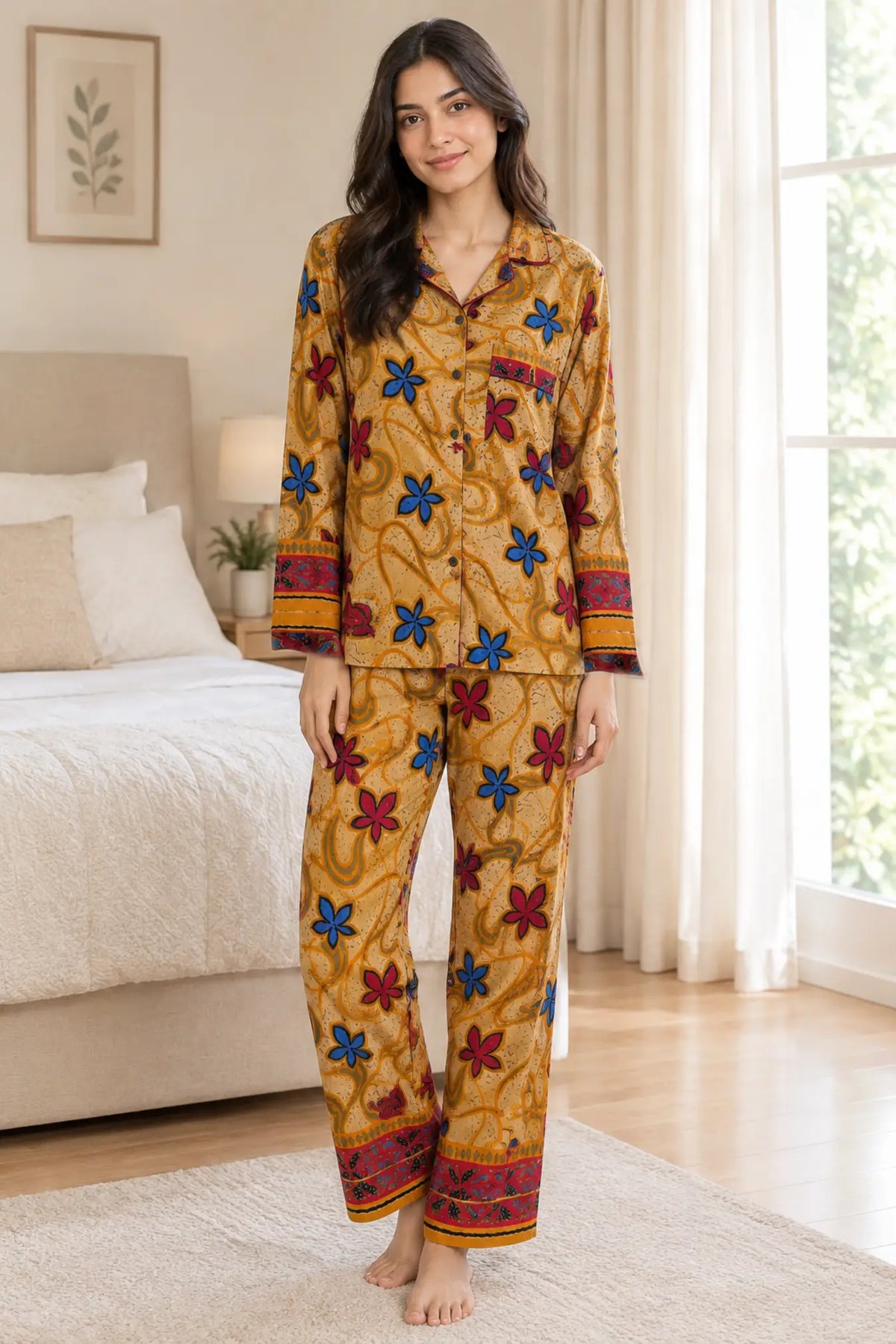 Handmade Recycled Sari Pajama Set, Boho Women's Clothing, Silk Blend Loungewear, Button Down Top, Drawstring Pants, Gift for Her