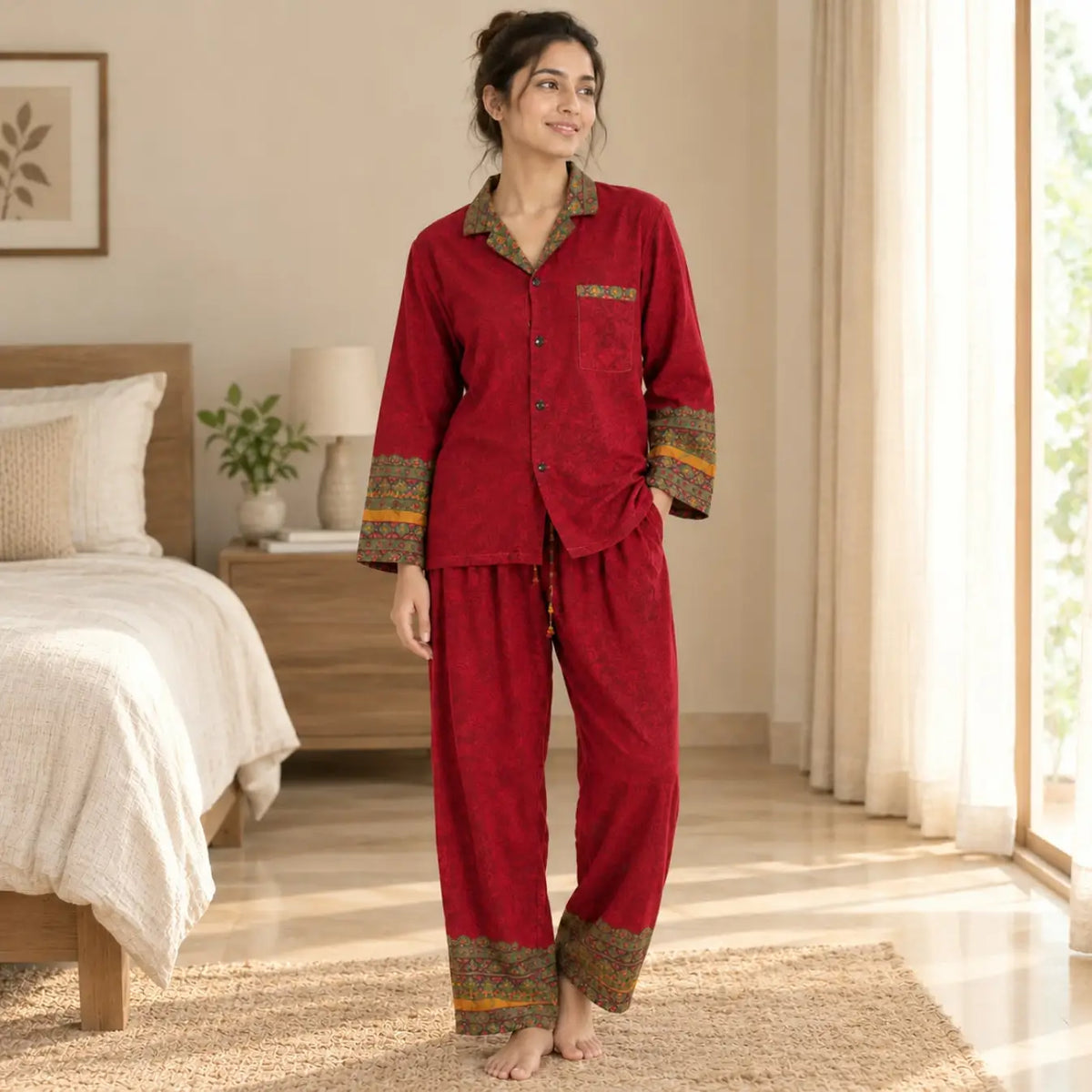 Boho Silk Sari Pajama Set, Colorful Handmade Loungewear for Women with Pockets, Short Sleeve Button Down Top, Drawstring Pants, Gift