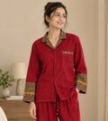 Boho Silk Sari Pajama Set, Colorful Handmade Loungewear for Women with Pockets, Short Sleeve Button Down Top, Drawstring Pants, Gift