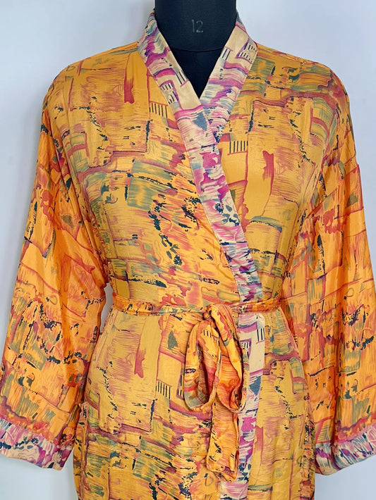 Recycle Silk Sari Women Kimono | Boho Chic Robe House | Beach Cover Up Vintage Bridesmaid Lounge Dressing Gown l Resort Wear Gypsy Nightwear