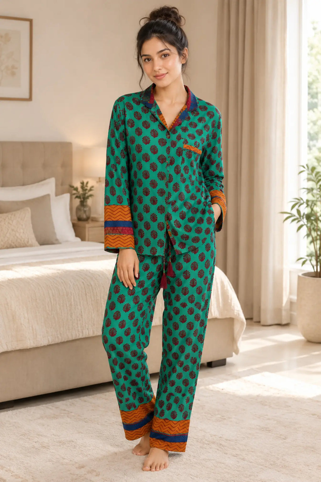 Boho Silk Sari Pajama Set, Colorful Handmade Loungewear for Women with Pockets, Short Sleeve Button Down Top, Drawstring Pants, Gift
