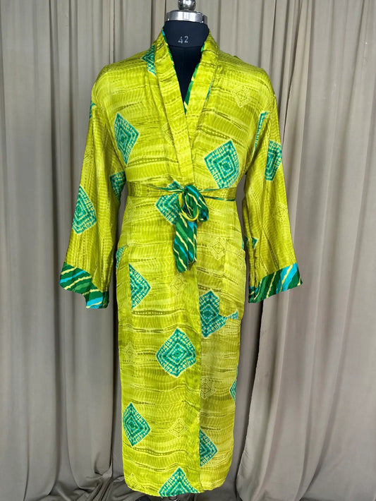 Silky Soft Men’s Kimono Robe Masculine Elegant Classic Sustainable Vintage House Robe gift, Timeless Comfy Lounge Beach Wear Green Geometric