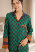 Boho Silk Sari Pajama Set, Colorful Handmade Loungewear for Women with Pockets, Short Sleeve Button Down Top, Drawstring Pants, Gift