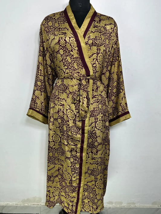 Recycle Silk Sari Women Kimono | Boho Chic Robe House | Beach Cover Up Vintage Bridesmaid Lounge Dressing Gown l Resort Wear Gypsy Nightwear