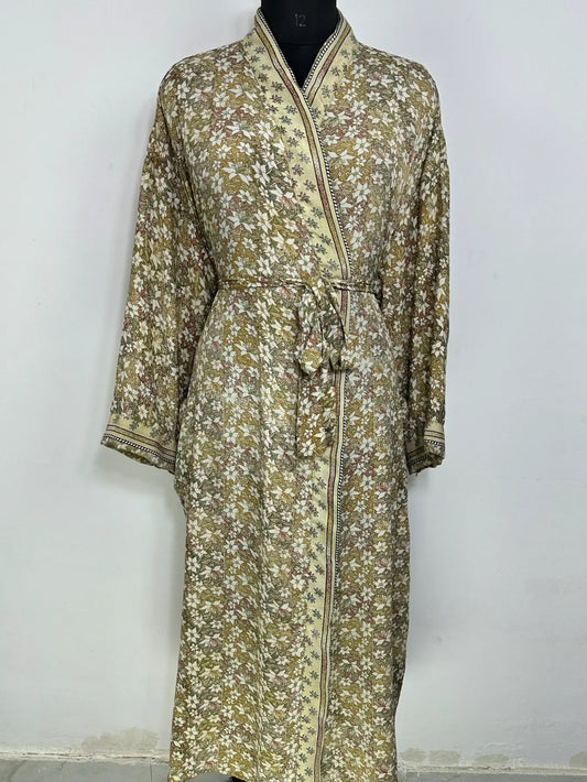 Recycle Silk Sari Women Kimono | Boho Chic Robe House | Beach Cover Up Vintage Bridesmaid Lounge Dressing Gown l Resort Wear Gypsy Nightwear