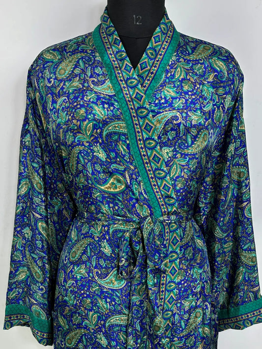 Recycle Silk Sari Women Kimono | Boho Chic Robe House | Beach Cover Up Vintage Bridesmaid Lounge Dressing Gown l Resort Wear Gypsy Nightwear