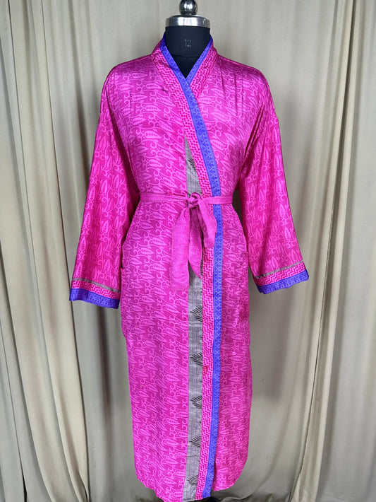 Recycle Silk Sari Women Kimono | Boho Chic Robe House, Beach Cover Up Vintage Bridesmaid Lounge Dressing Gown l Resort Wear Gypsy Nightwear