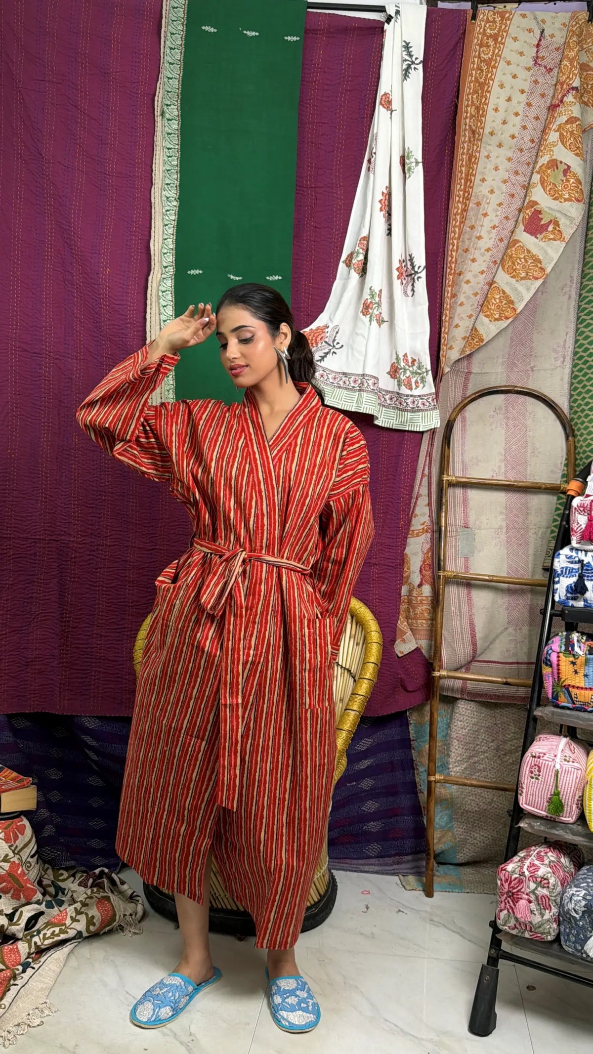 Cotton Kimono Robe | Handblock Striped Summer House Robe, Dressing Gown, Boho Beach Coverup, Bridesmaid dress Womens clothing, Gift For Her