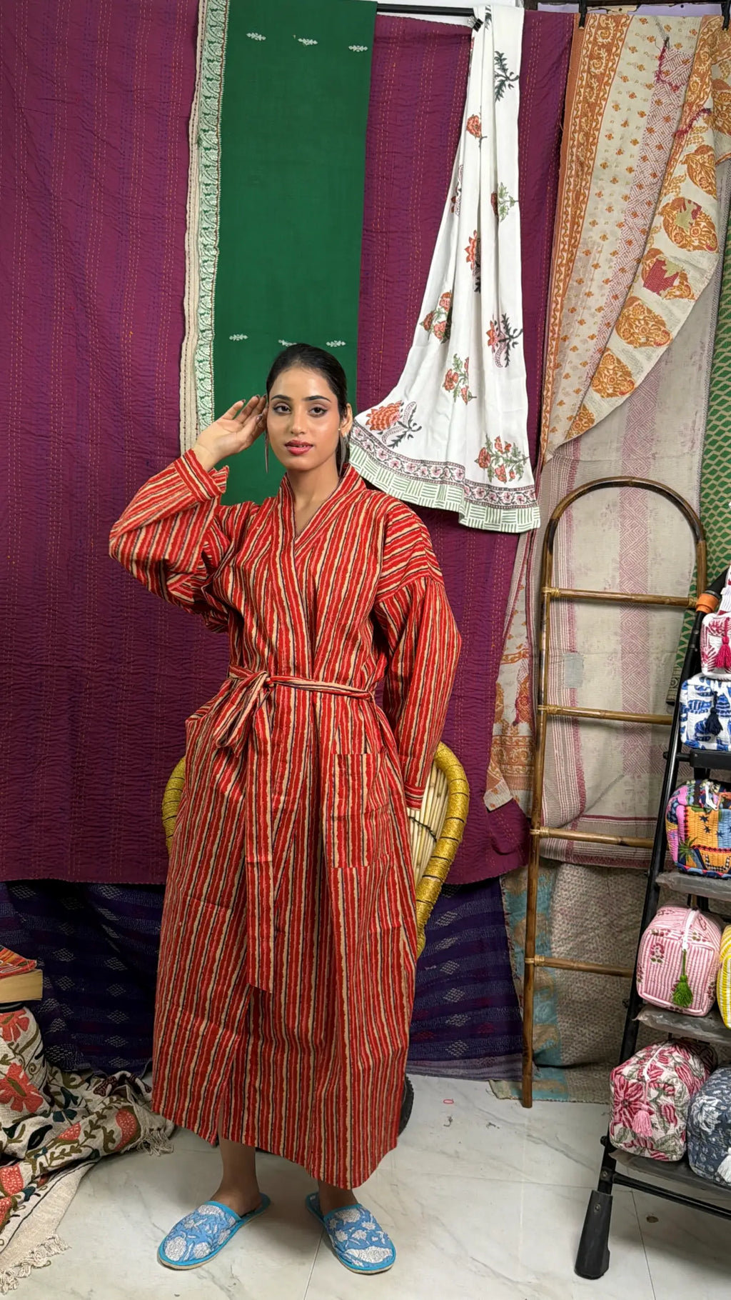 Cotton Kimono Robe | Handblock Striped Summer House Robe, Dressing Gown, Boho Beach Coverup, Bridesmaid dress Womens clothing, Gift For Her