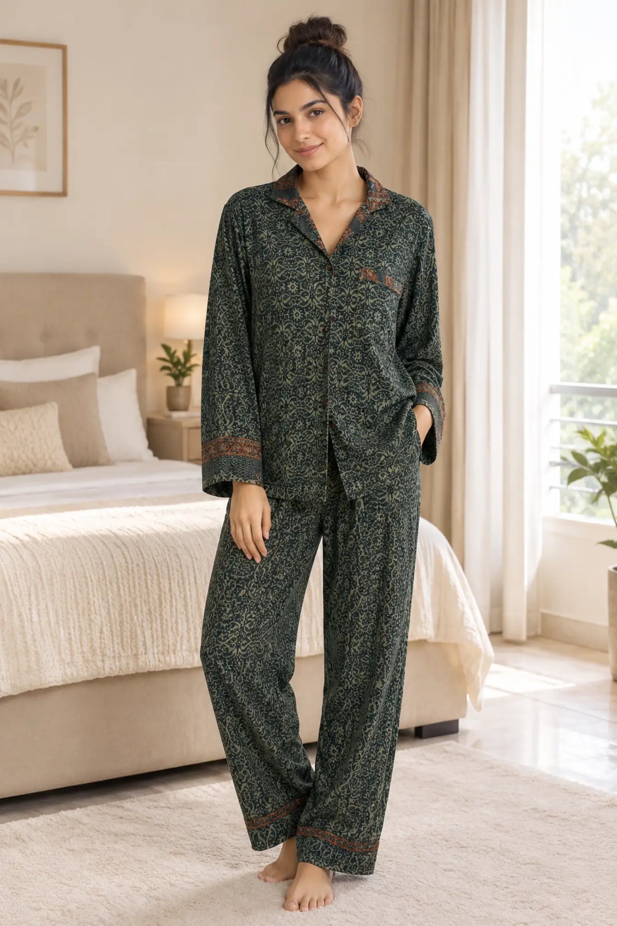 Silky Nightwear Pajama Set, Recycled Sari Silk Blend Luxury Lounge Set, Button Down Top, Drawstring Pants with Side Pockets, Gift
