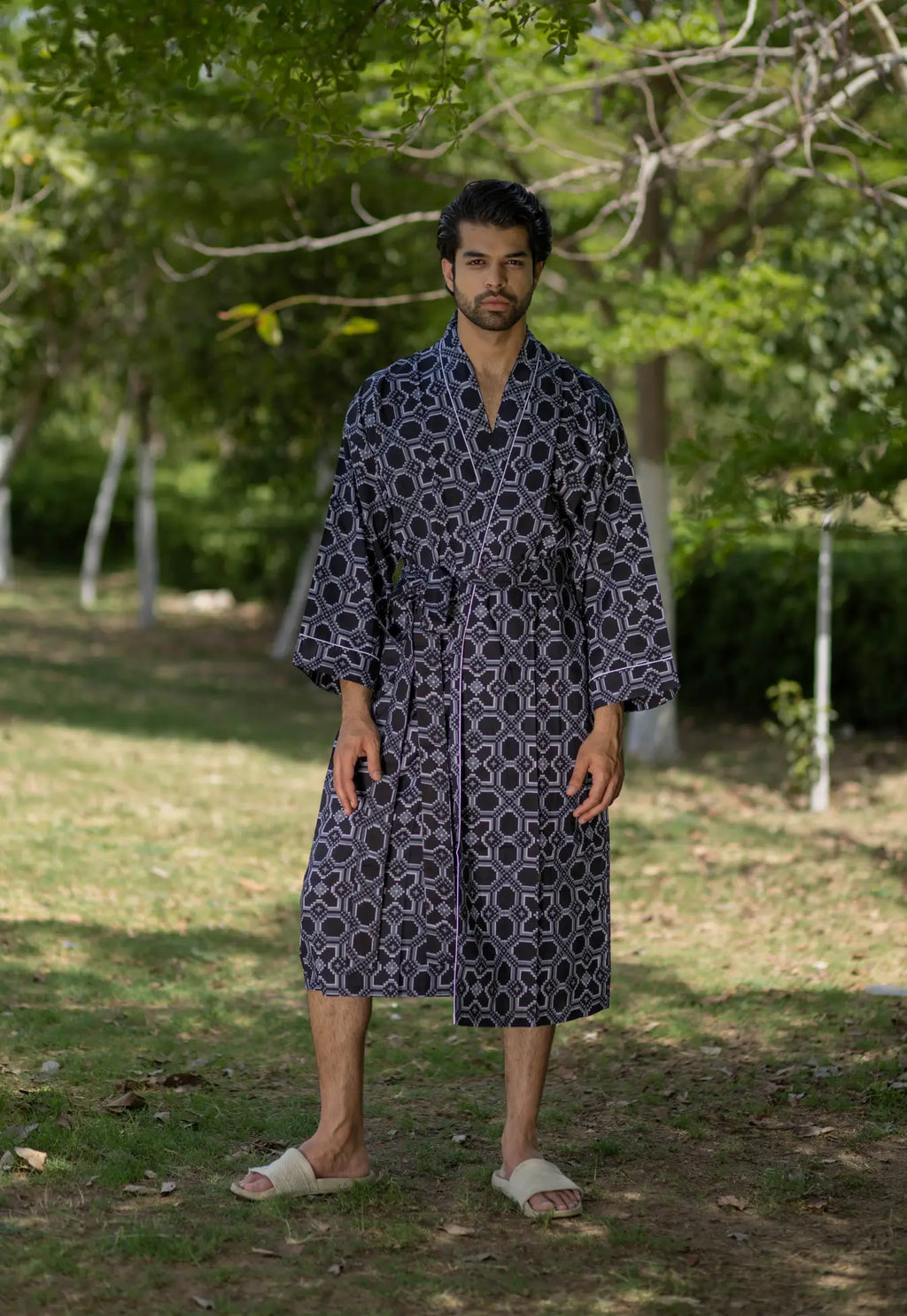 Unisex Cotton Kimono Robe in geometric