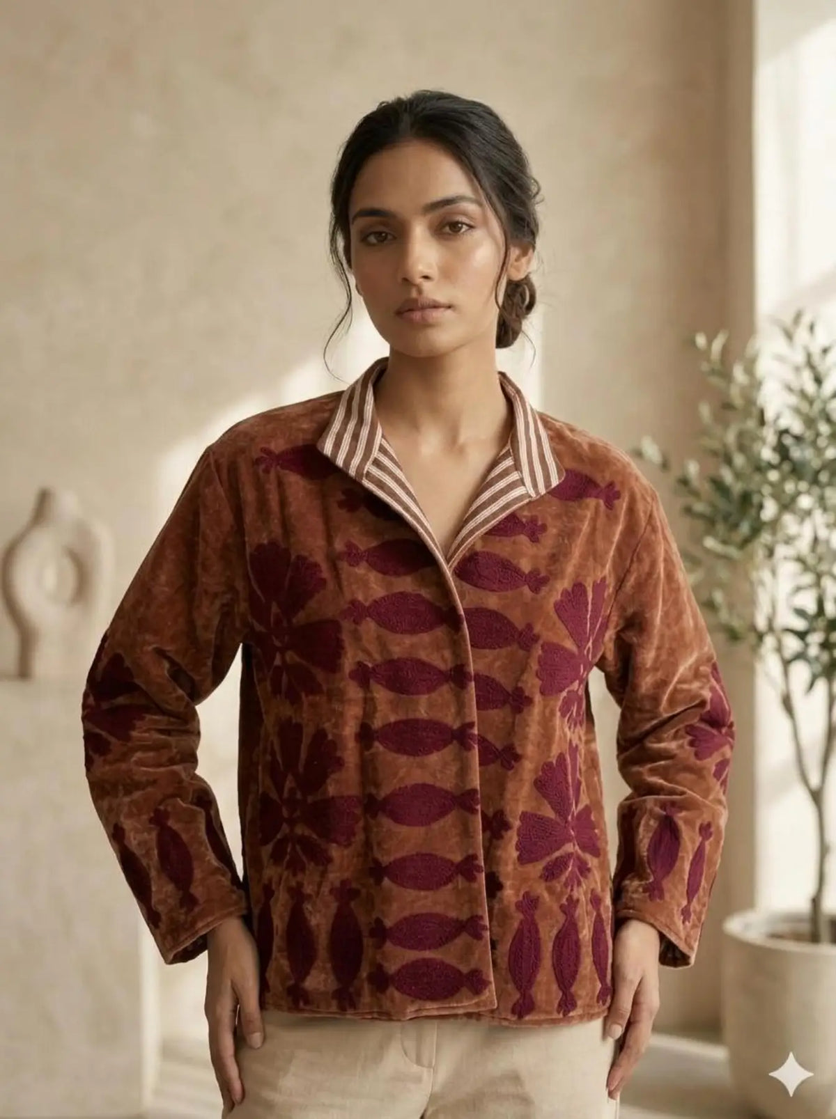Boho Hand Embroidered Velvet Suzani Jacket Brown Floral Open Front Coat Winter Wear Free Size Robe Retro Chic Free Size Robe Blazer for Her
