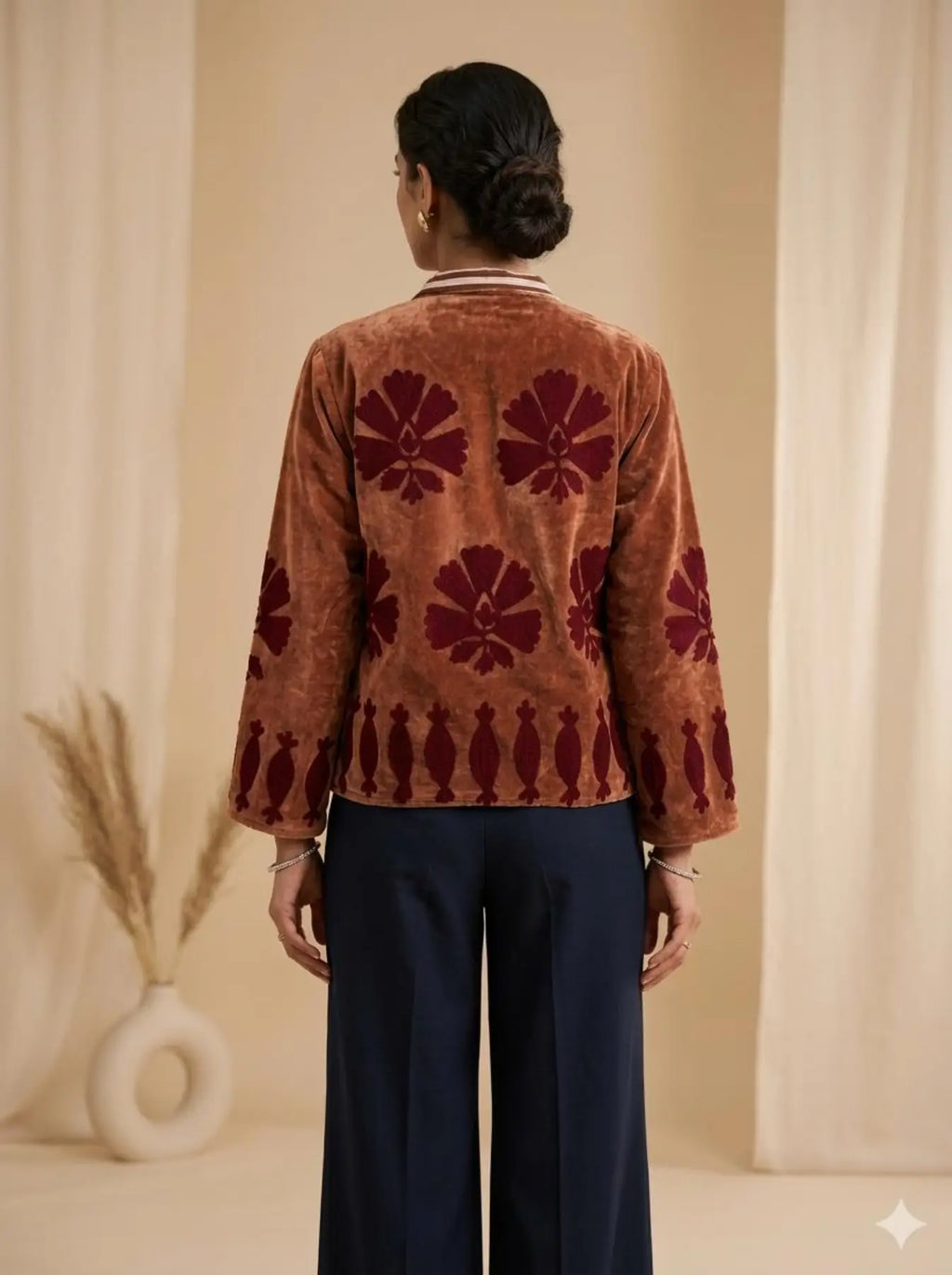 Women's Suzani embroidered Velvet Jacket in brown floral