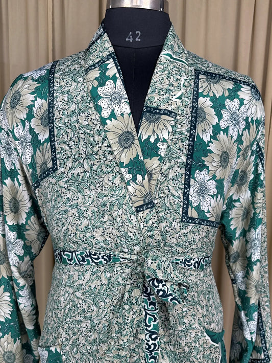 Silky Soft Men’s Kimono Robe | Masculine Elegant Classic Sustainable Vintage House Robe gift, Timeless Comfy Lounge Beach Wear Green Floral