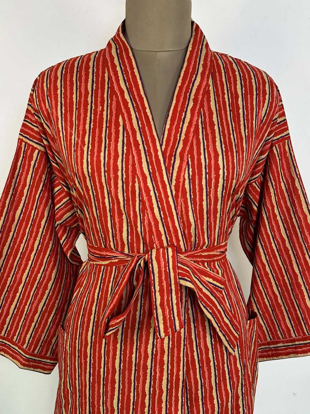 Cotton Kimono Robe | Handblock Striped Summer House Robe, Dressing Gown, Boho Beach Coverup, Bridesmaid dress Womens clothing, Gift For Her