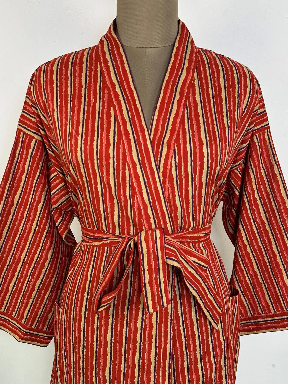 Cotton Kimono Robe | Handblock Striped Summer House Robe, Dressing Gown, Boho Beach Coverup, Bridesmaid dress Womens clothing, Gift For Her