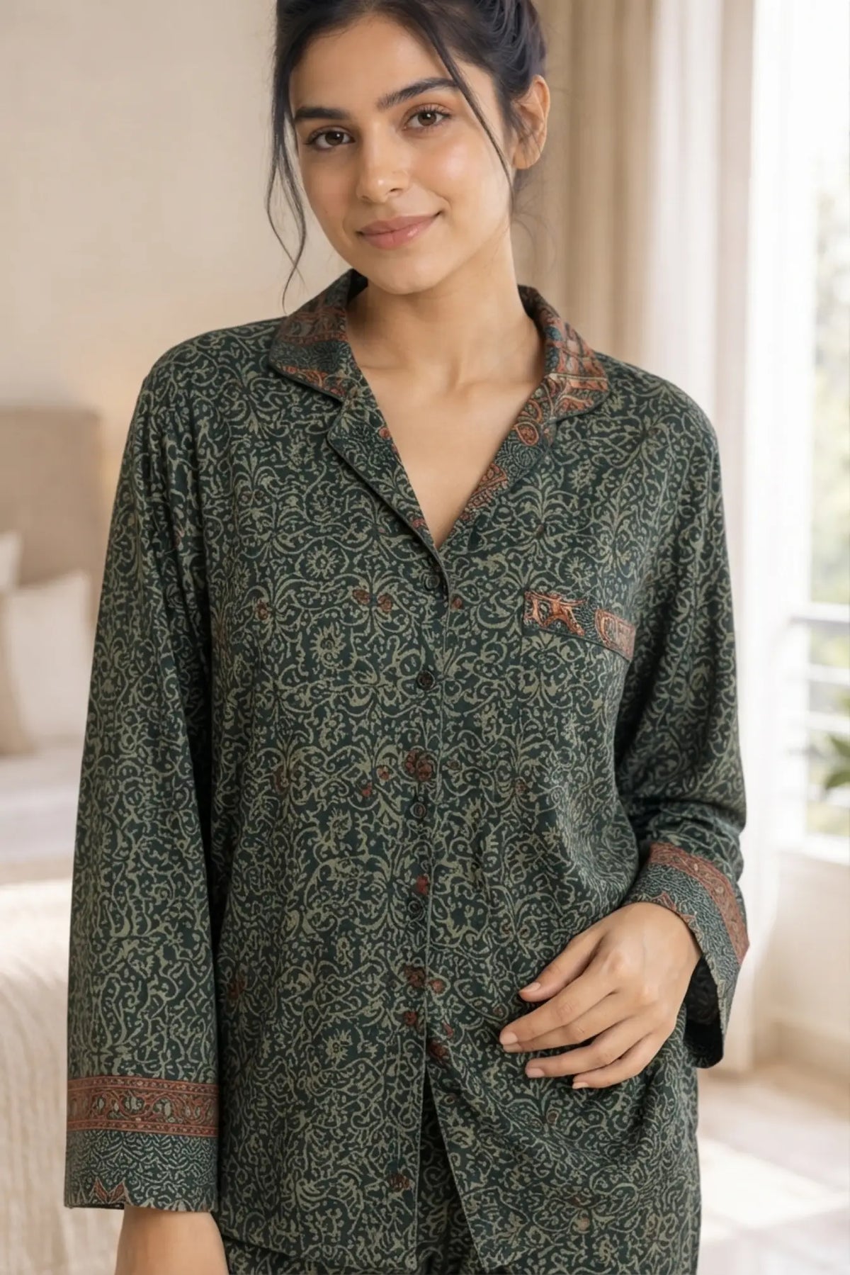 Silky Nightwear Pajama Set, Recycled Sari Silk Blend Luxury Lounge Set, Button Down Top, Drawstring Pants with Side Pockets, Gift