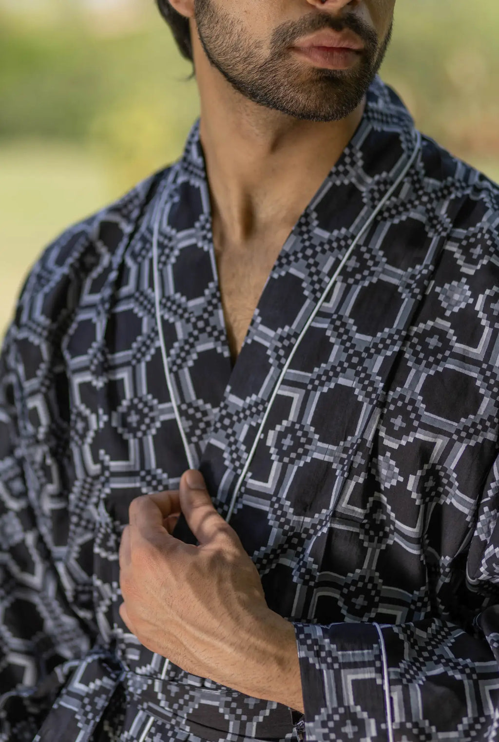 Unisex Cotton Kimono Robe in geometric