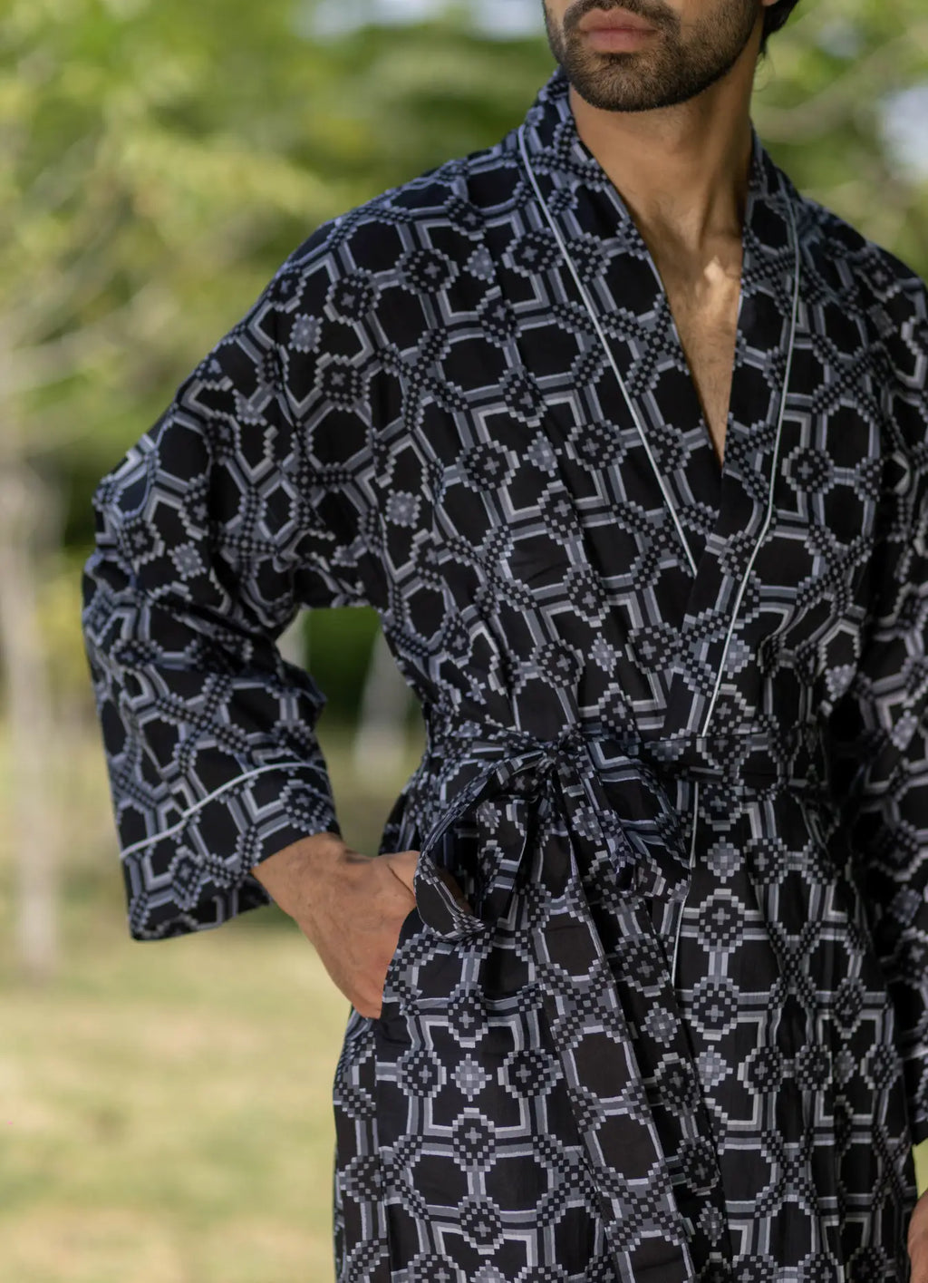 Unisex Cotton Kimono Robe in geometric