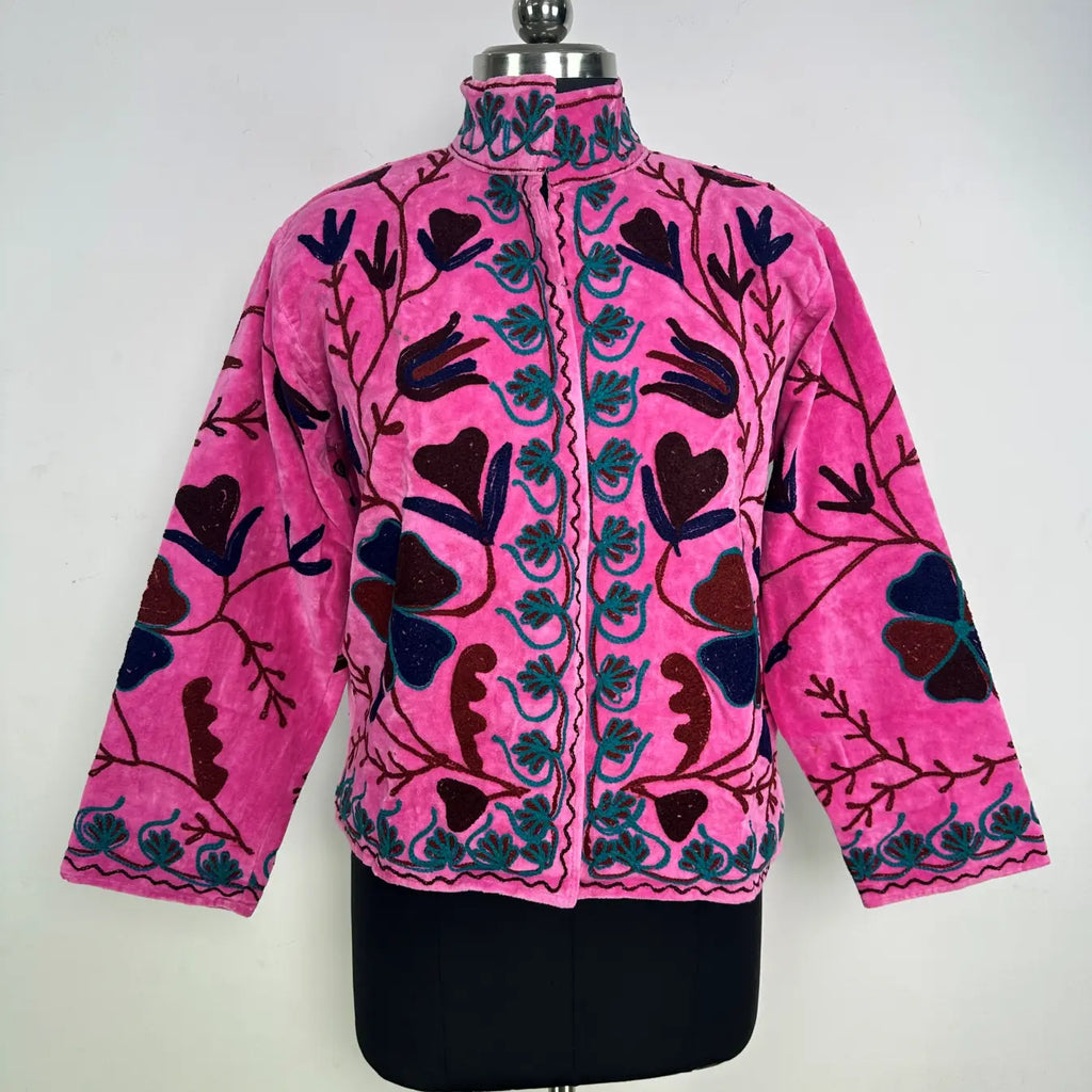 Boho Velvet Suzani Jacket Hand Embroidered | Open Front Coat Winter Wear Free Size Robe | Retro Chic smoking jacket — Blazer Gift for Her